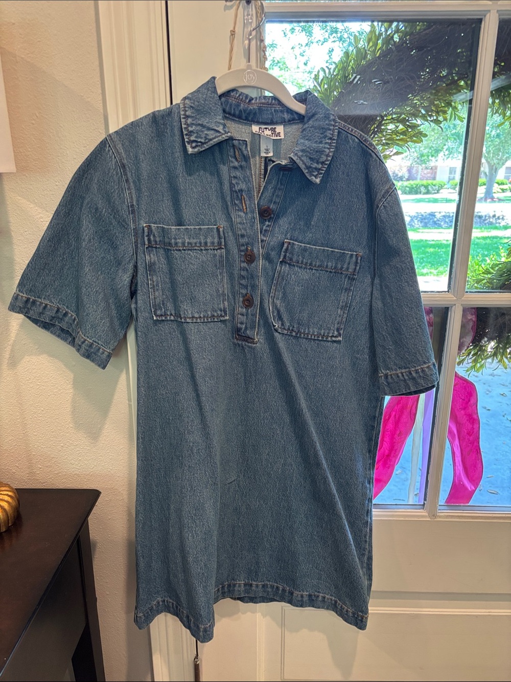 Denim Polo Shirt Dress with Chest Pockets - Blue
